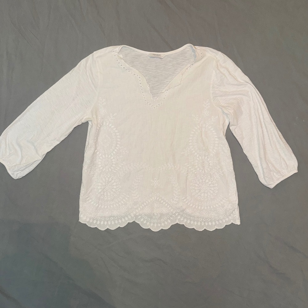 Lucky Brand White Embroidered Eyelet Split Neck 3/4 Sleeve Blouse Whimsy Girly
